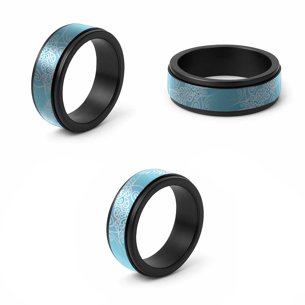 Aotearoa Maori Koru Curves Spinner Ring Silver Ferns - Turquoise