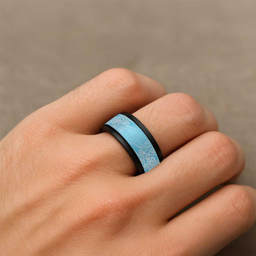 Aotearoa Maori Koru Curves Spinner Ring Silver Ferns - Turquoise