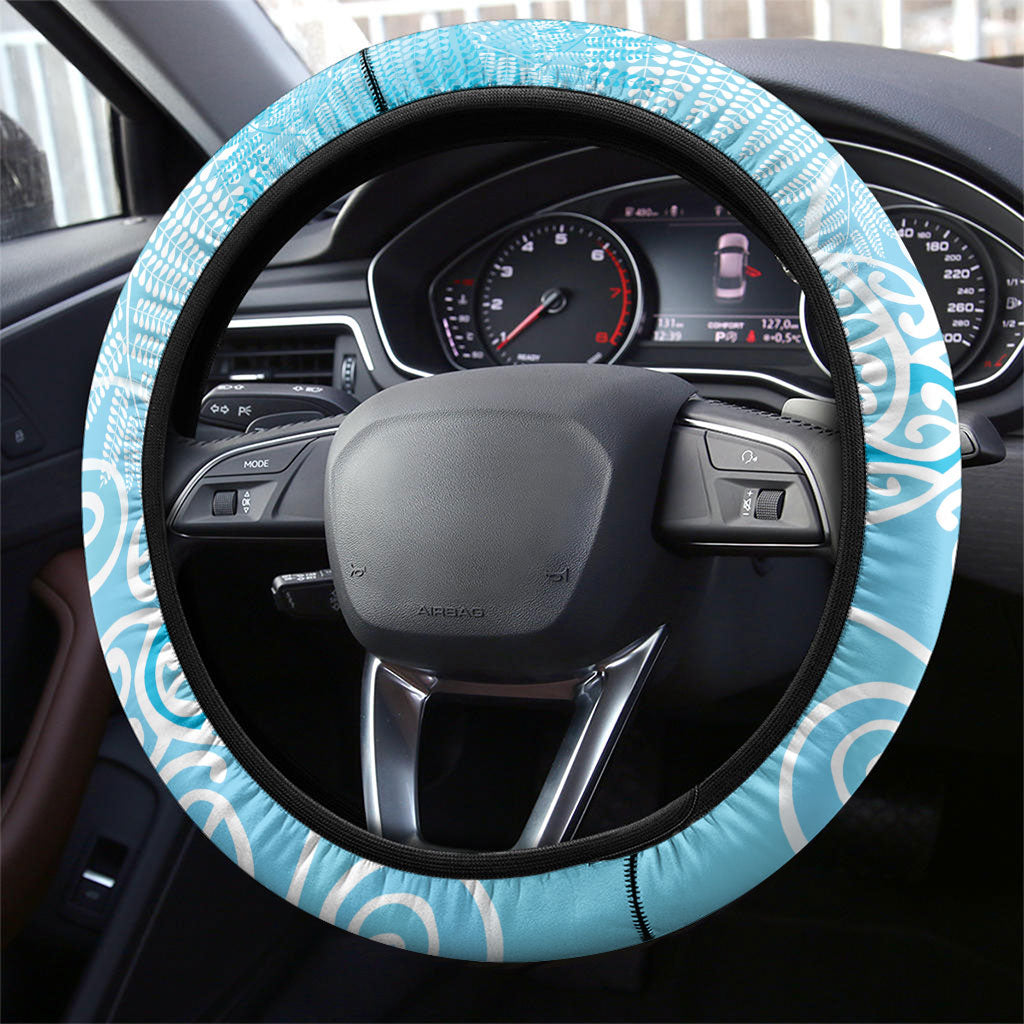 Aotearoa Maori Koru Curves Steering Wheel Cover Silver Ferns - Turquoise