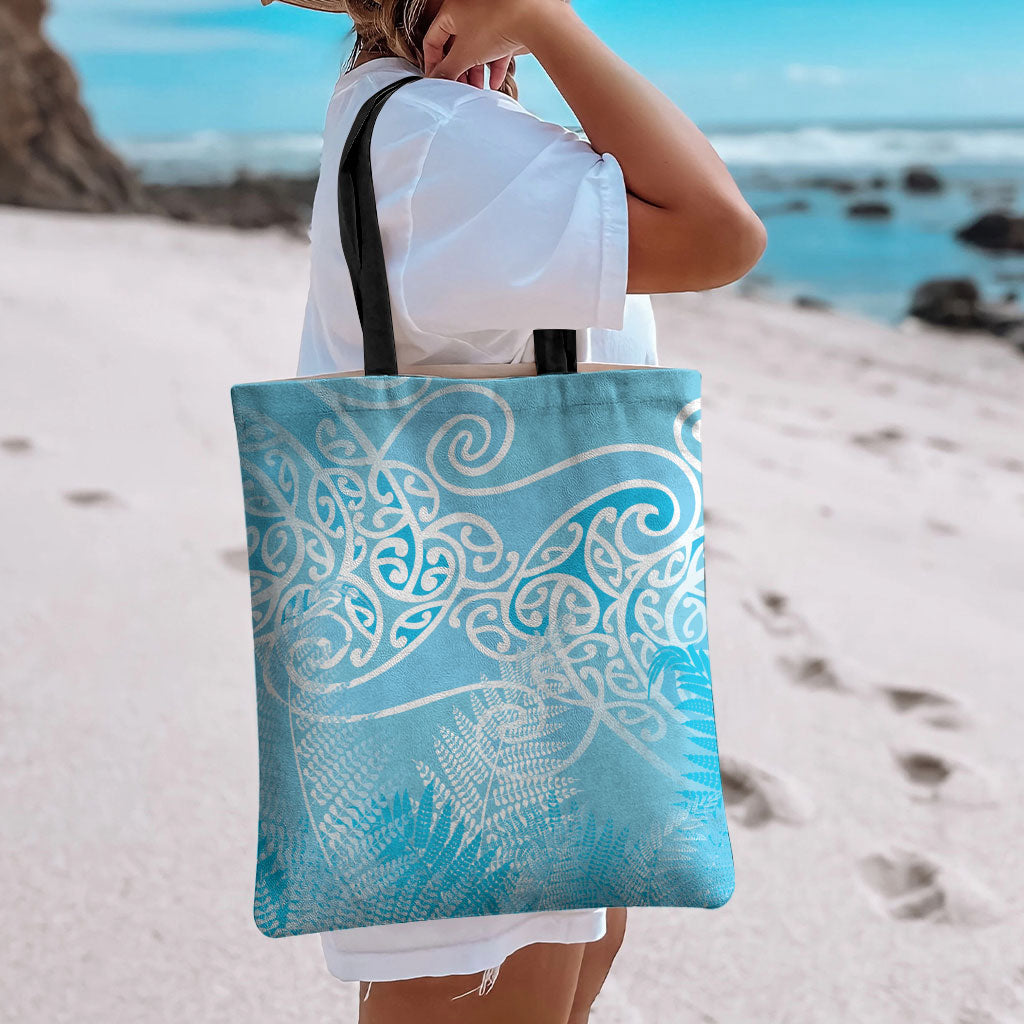 Aotearoa Maori Koru Curves Tote Bag Silver Ferns - Turquoise