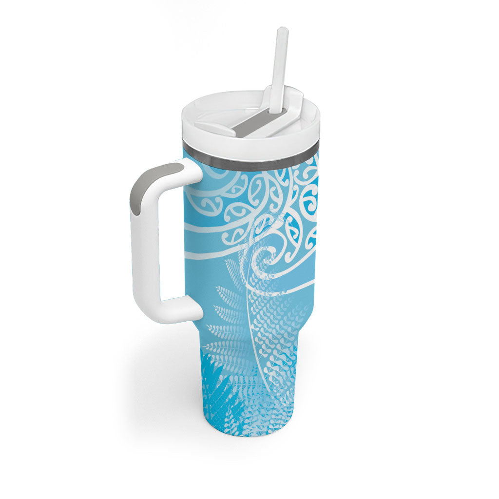 Aotearoa Maori Koru Curves Tumbler With Handle Silver Ferns - Turquoise