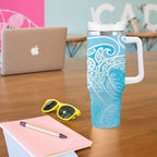 Aotearoa Maori Koru Curves Tumbler With Handle Silver Ferns - Turquoise