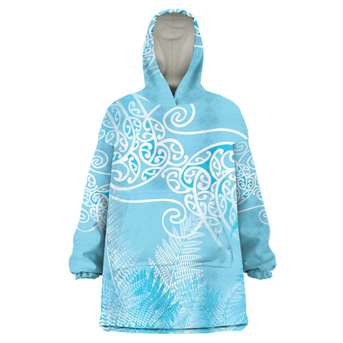 Aotearoa Maori Koru Curves Wearable Blanket Hoodie Silver Ferns - Turquoise