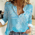 Aotearoa Maori Koru Curves Women Casual Shirt Silver Ferns - Turquoise