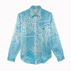 Aotearoa Maori Koru Curves Women Casual Shirt Silver Ferns - Turquoise