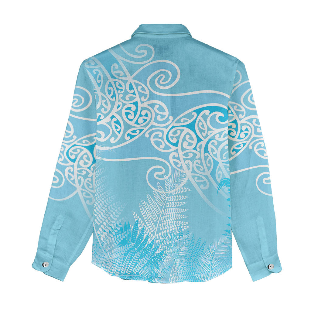 Aotearoa Maori Koru Curves Women Casual Shirt Silver Ferns - Turquoise