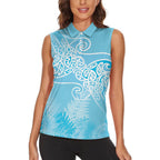 Aotearoa Maori Koru Curves Women Sleeveless Polo Shirt Silver Ferns - Turquoise