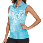 Aotearoa Maori Koru Curves Women Sleeveless Polo Shirt Silver Ferns - Turquoise