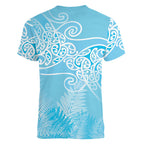 Aotearoa Maori Koru Curves Women V-Neck T-Shirt Silver Ferns - Turquoise