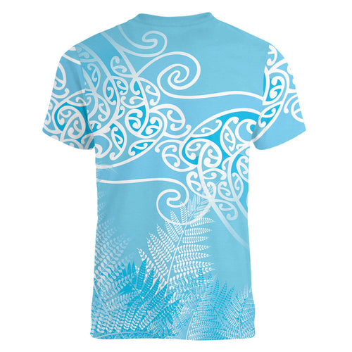 Aotearoa Maori Koru Curves Women V-Neck T-Shirt Silver Ferns - Turquoise