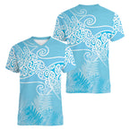 Aotearoa Maori Koru Curves Women V-Neck T-Shirt Silver Ferns - Turquoise