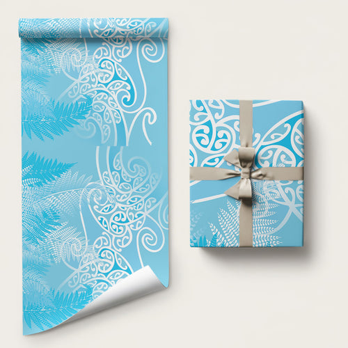 Aotearoa Maori Koru Curves Wrapping Paper Silver Ferns - Turquoise