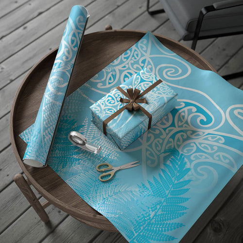 Aotearoa Maori Koru Curves Wrapping Paper Silver Ferns - Turquoise