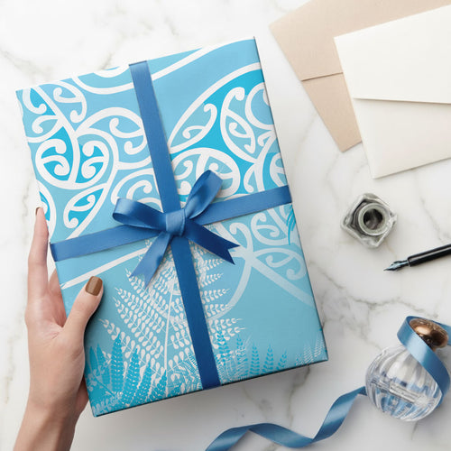 Aotearoa Maori Koru Curves Wrapping Paper Silver Ferns - Turquoise