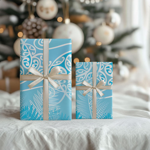 Aotearoa Maori Koru Curves Wrapping Paper Silver Ferns - Turquoise