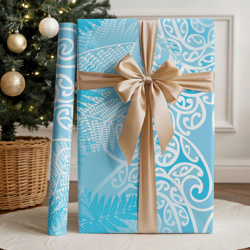Aotearoa Maori Koru Curves Wrapping Paper Silver Ferns - Turquoise