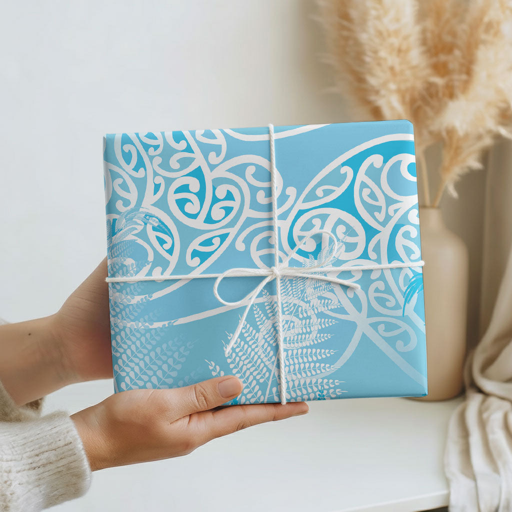 Aotearoa Maori Koru Curves Wrapping Paper Silver Ferns - Turquoise