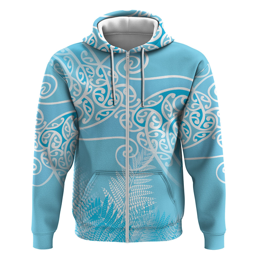 Aotearoa Maori Koru Curves Zip Hoodie Silver Ferns - Turquoise