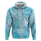 Aotearoa Maori Koru Curves Zip Hoodie Silver Ferns - Turquoise