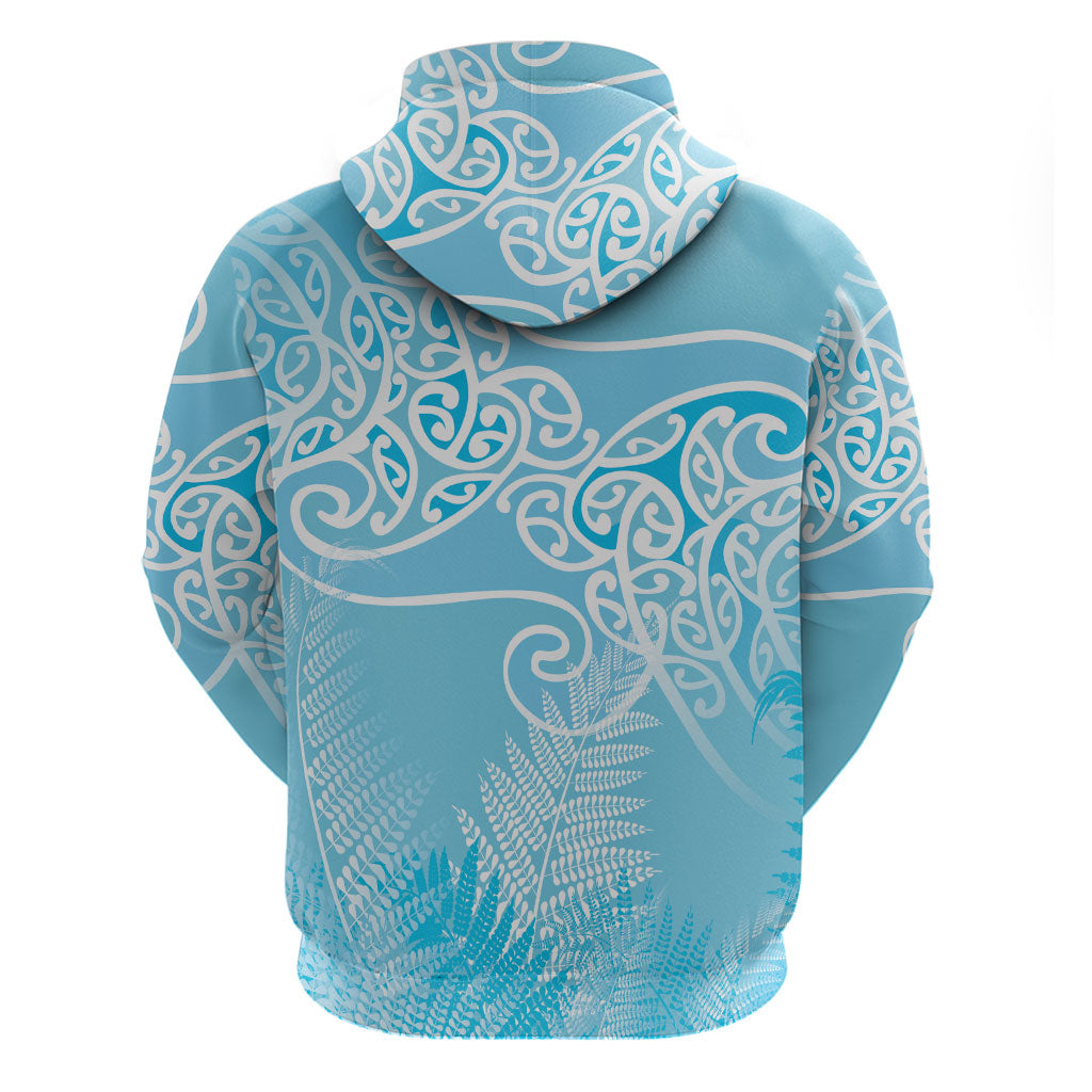Aotearoa Maori Koru Curves Zip Hoodie Silver Ferns - Turquoise
