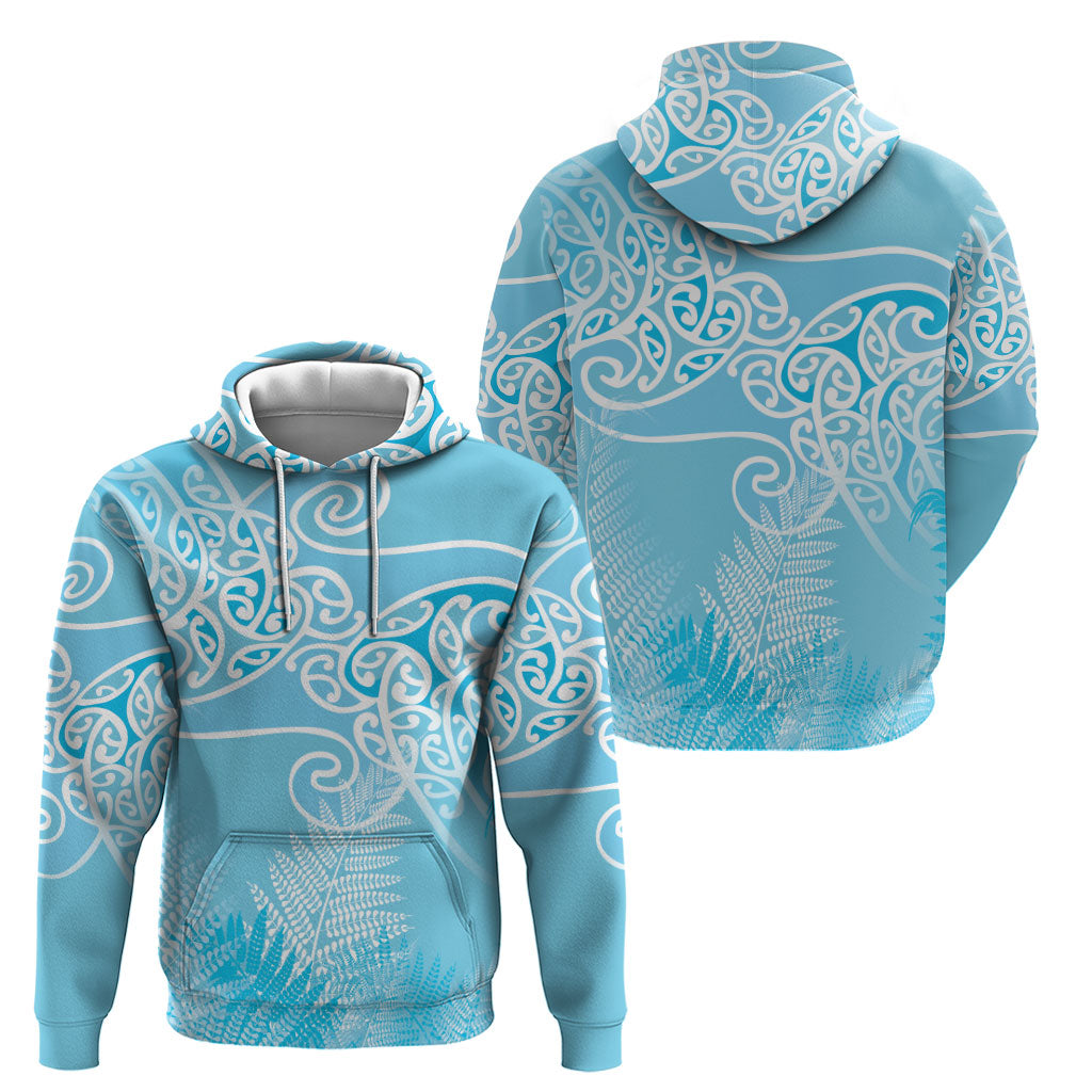 Aotearoa Maori Koru Curves Zip Hoodie Silver Ferns - Turquoise
