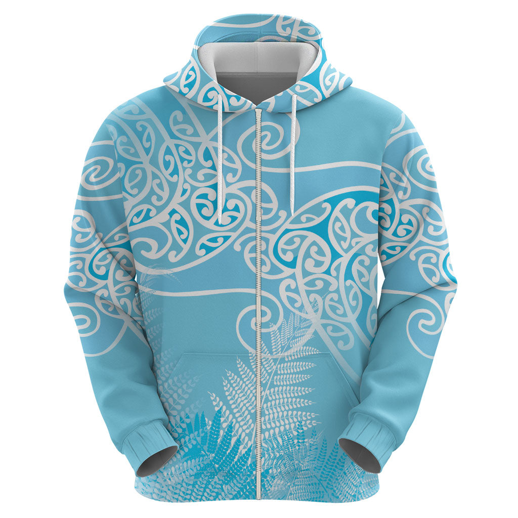 Aotearoa Maori Koru Curves Zip Hoodie Silver Ferns - Turquoise