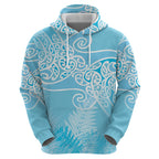 Aotearoa Maori Koru Curves Zip Hoodie Silver Ferns - Turquoise