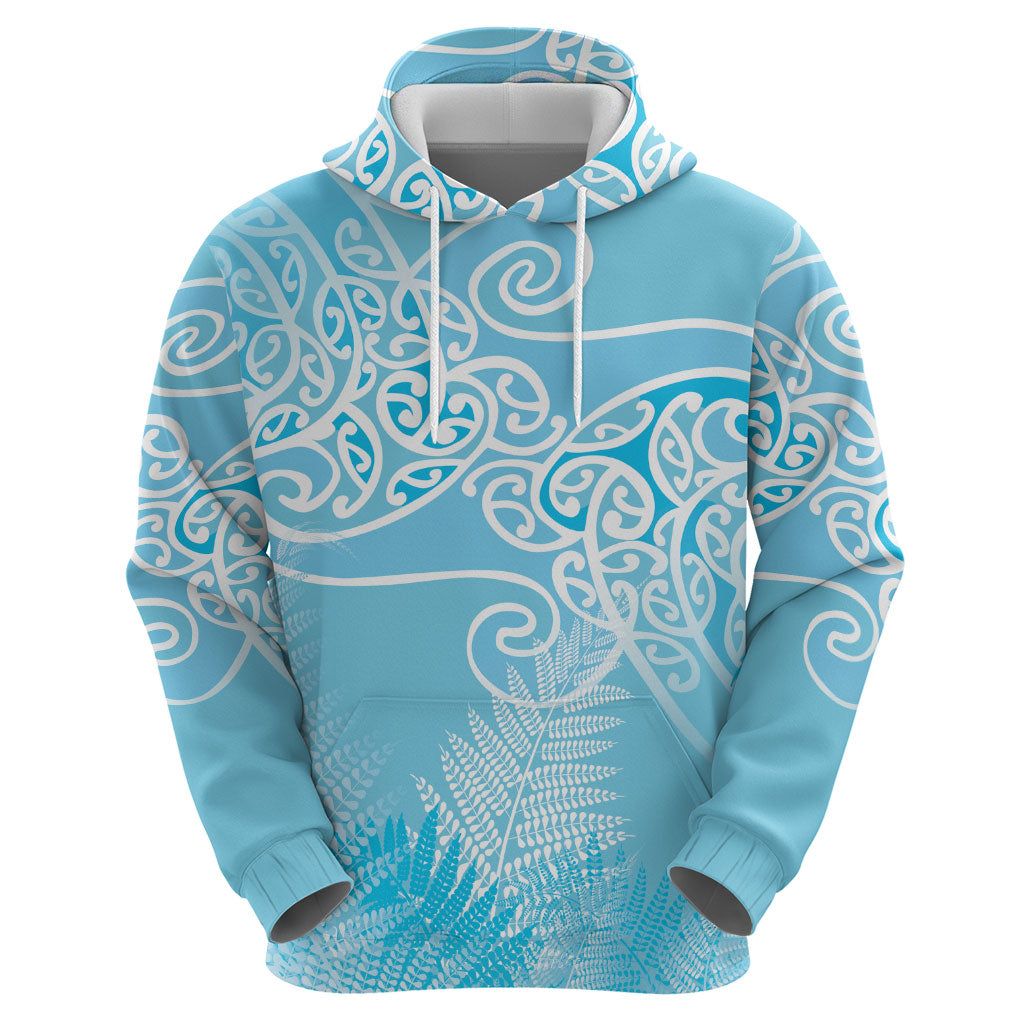 Aotearoa Maori Koru Curves Zip Hoodie Silver Ferns - Turquoise
