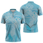 Aotearoa Maori Koru Curves Zipper Polo Shirt Silver Ferns - Turquoise