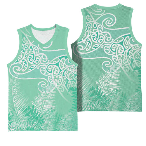Aotearoa Maori Koru Curves Basketball Jersey Silver Ferns - Mint