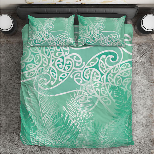 Aotearoa Maori Koru Curves Bedding Set Silver Ferns - Mint