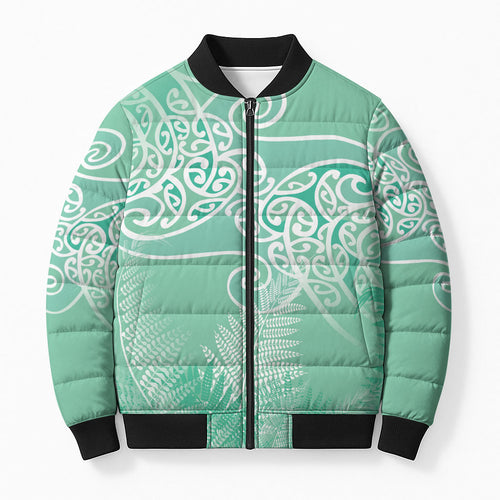 Aotearoa Maori Koru Curves Bomber Puffer Jacket Silver Ferns - Mint