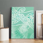 Aotearoa Maori Koru Curves Canvas Wall Art Silver Ferns - Mint