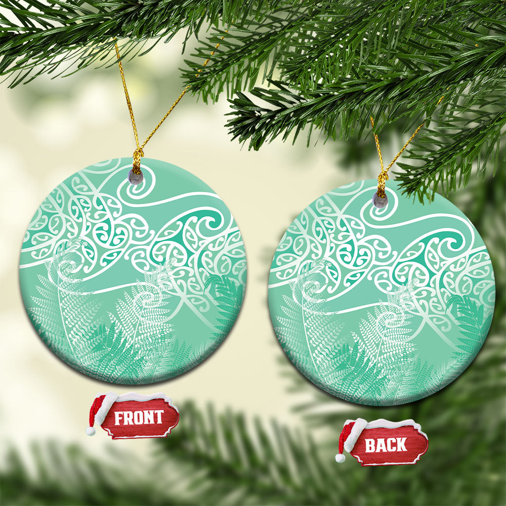 Aotearoa Maori Koru Curves Ceramic Ornament Silver Ferns - Mint