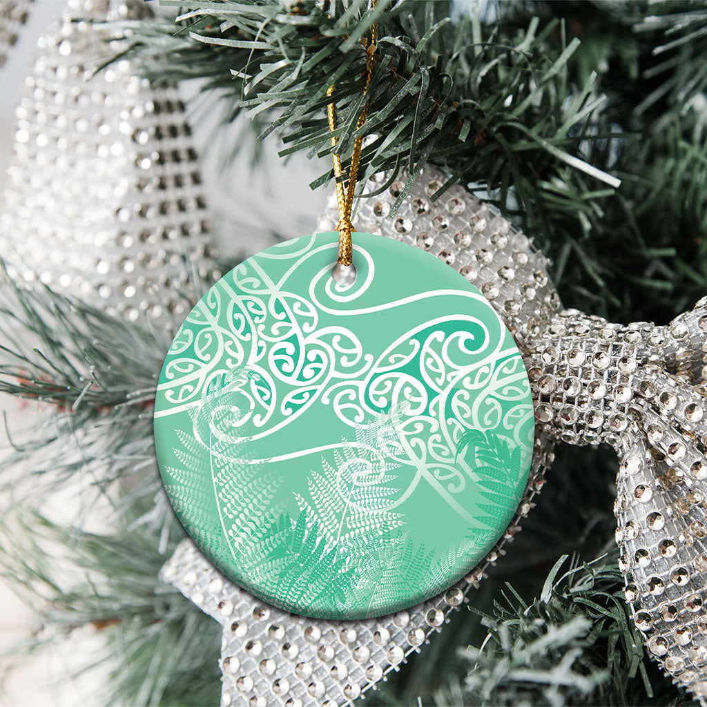 Aotearoa Maori Koru Curves Ceramic Ornament Silver Ferns - Mint