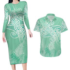 Aotearoa Maori Koru Curves Couples Matching Long Sleeve Bodycon Dress and Hawaiian Shirt Silver Ferns - Mint