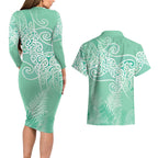 Aotearoa Maori Koru Curves Couples Matching Long Sleeve Bodycon Dress and Hawaiian Shirt Silver Ferns - Mint