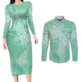 Aotearoa Maori Koru Curves Couples Matching Long Sleeve Bodycon Dress and Long Sleeve Button Shirt Silver Ferns - Mint
