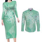 Aotearoa Maori Koru Curves Couples Matching Long Sleeve Bodycon Dress and Long Sleeve Button Shirt Silver Ferns - Mint