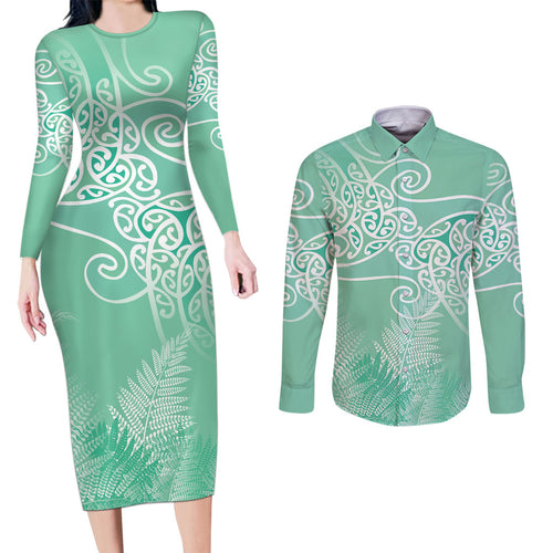 Aotearoa Maori Koru Curves Couples Matching Long Sleeve Bodycon Dress and Long Sleeve Button Shirt Silver Ferns - Mint