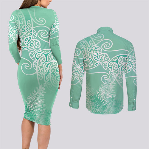 Aotearoa Maori Koru Curves Couples Matching Long Sleeve Bodycon Dress and Long Sleeve Button Shirt Silver Ferns - Mint