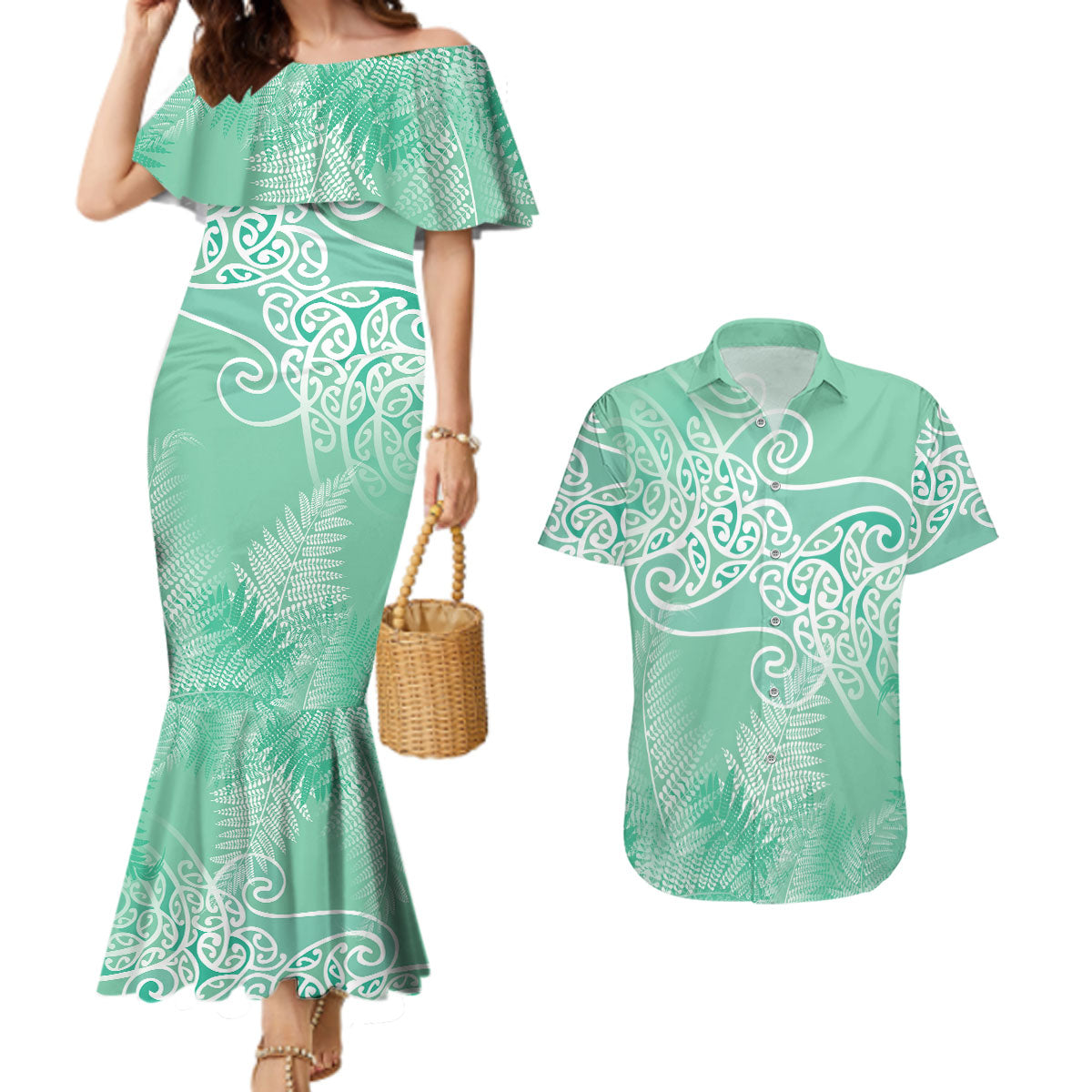 Aotearoa Maori Koru Curves Couples Matching Mermaid Dress and Hawaiian Shirt Silver Ferns - Mint