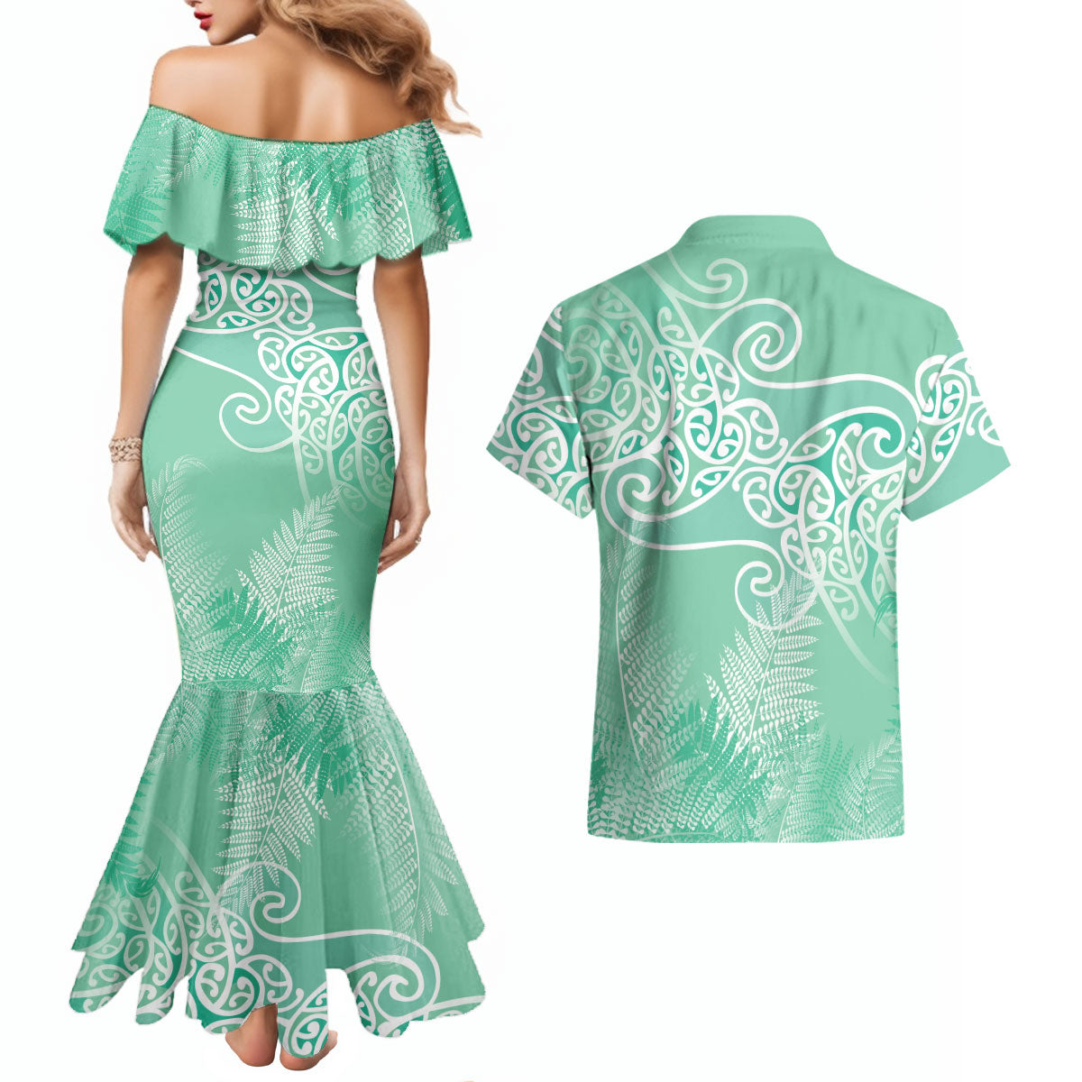 Aotearoa Maori Koru Curves Couples Matching Mermaid Dress and Hawaiian Shirt Silver Ferns - Mint
