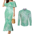 Aotearoa Maori Koru Curves Couples Matching Mermaid Dress and Long Sleeve Button Shirt Silver Ferns - Mint