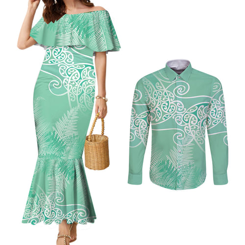 Aotearoa Maori Koru Curves Couples Matching Mermaid Dress and Long Sleeve Button Shirt Silver Ferns - Mint