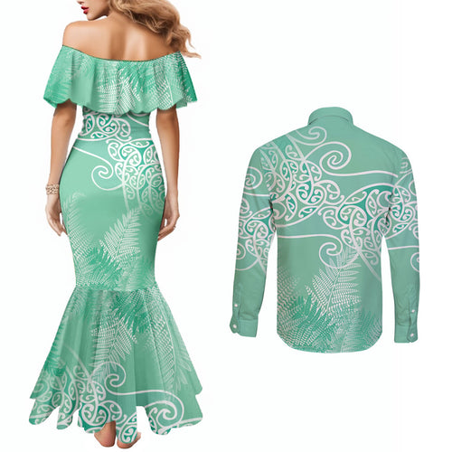 Aotearoa Maori Koru Curves Couples Matching Mermaid Dress and Long Sleeve Button Shirt Silver Ferns - Mint