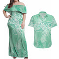 Aotearoa Maori Koru Curves Couples Matching Off Shoulder Maxi Dress and Hawaiian Shirt Silver Ferns - Mint