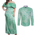 Aotearoa Maori Koru Curves Couples Matching Off Shoulder Maxi Dress and Long Sleeve Button Shirt Silver Ferns - Mint