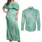 Aotearoa Maori Koru Curves Couples Matching Off Shoulder Maxi Dress and Long Sleeve Button Shirt Silver Ferns - Mint
