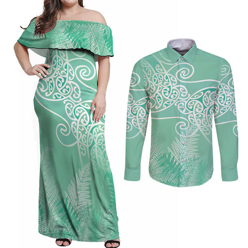 Aotearoa Maori Koru Curves Couples Matching Off Shoulder Maxi Dress and Long Sleeve Button Shirt Silver Ferns - Mint